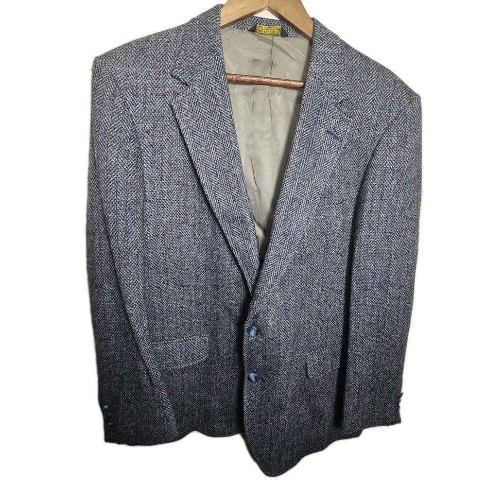 Johnny Carson Mens Blue Gray Herringbone Tweed Wool Sport Coat Blazer 44R USA